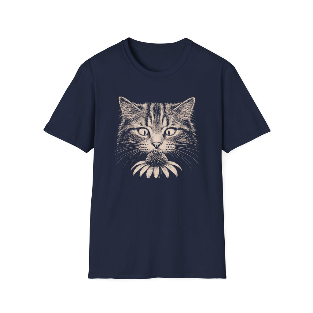Cat Sniffing Flower With Bee T-Shirt