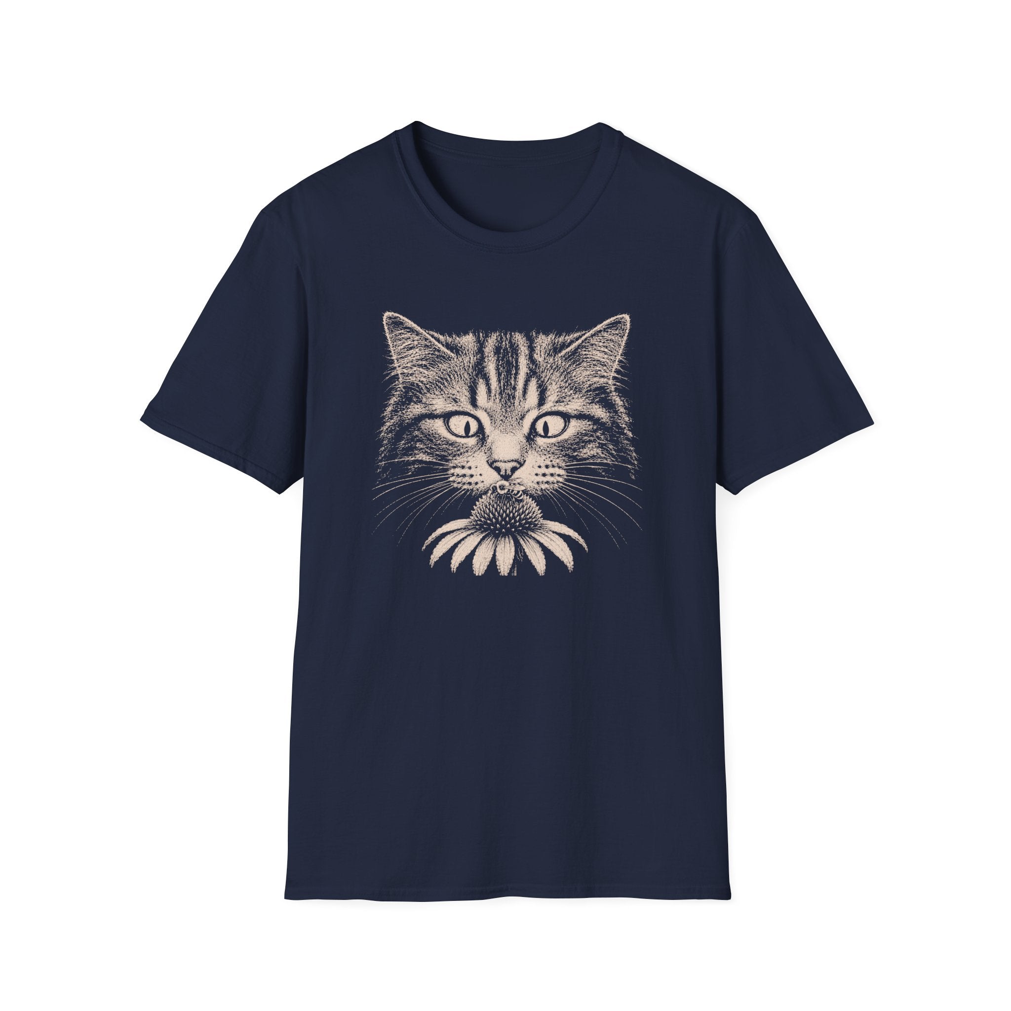 Cat Sniffing Flower With Bee T-Shirt