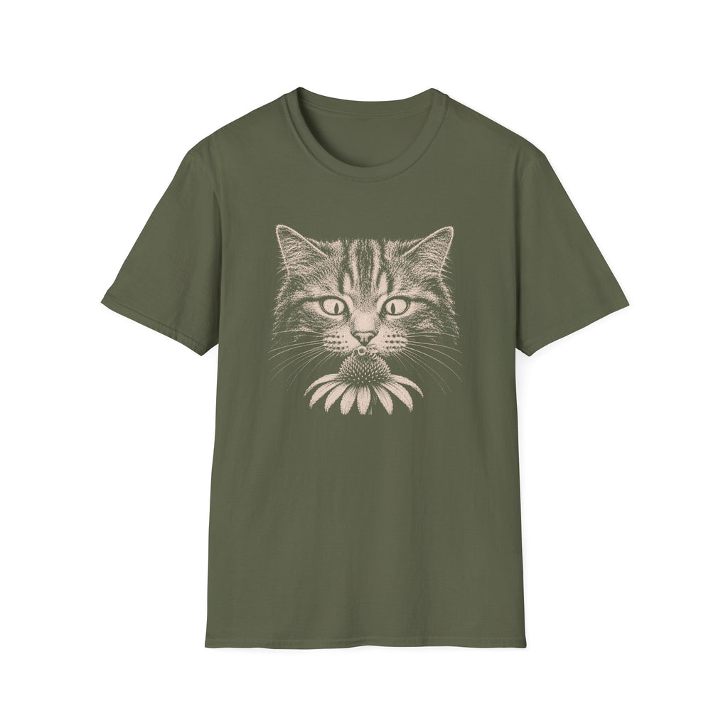 Cat Sniffing Flower With Bee T-Shirt