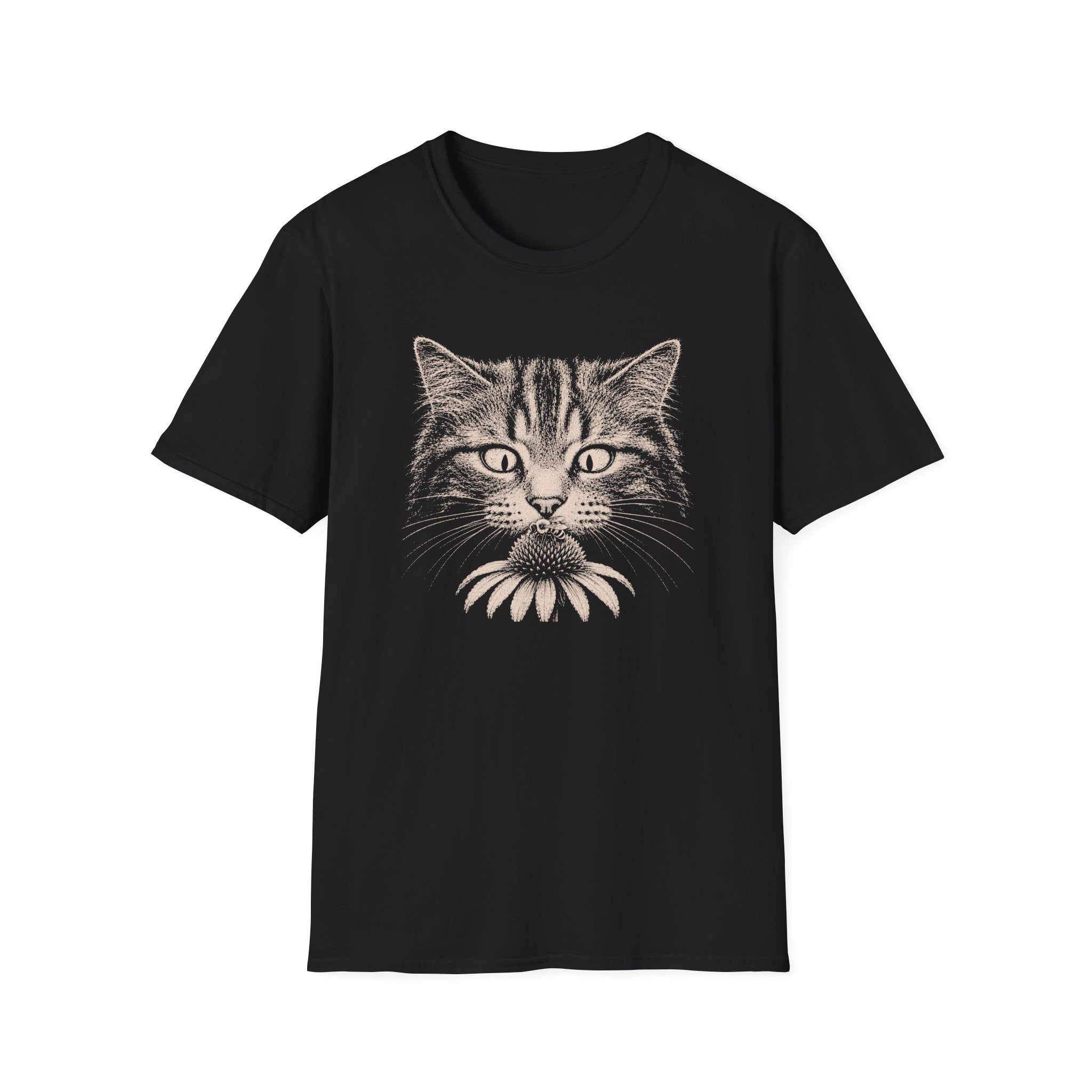 Cat Sniffing Flower With Bee T-Shirt